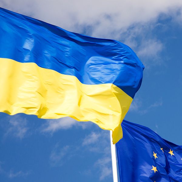 Ukraine Europa Flaggen Quadrat Foto iStock ValtimorN