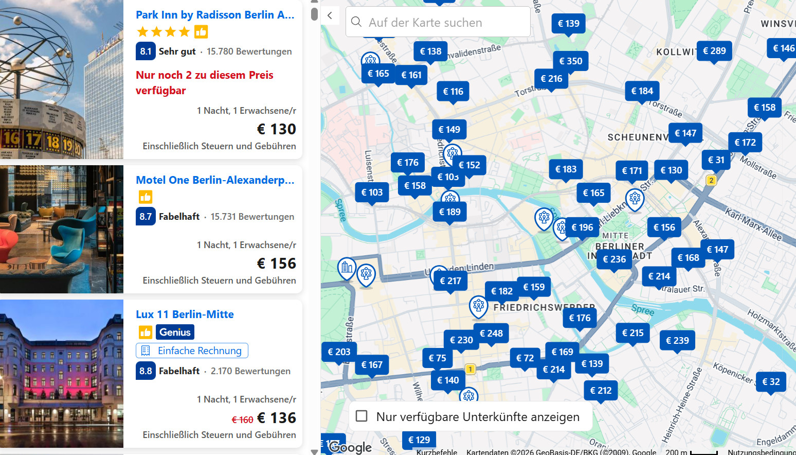Booking Darstellung Karte Hotels Google